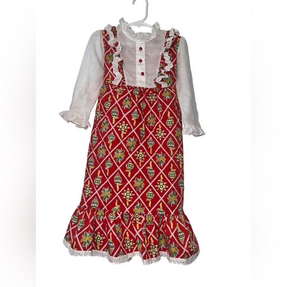 Vintage Sears Red and White quilted Christmas ornament Dress Sz 4T lace - Picture 1 of 6